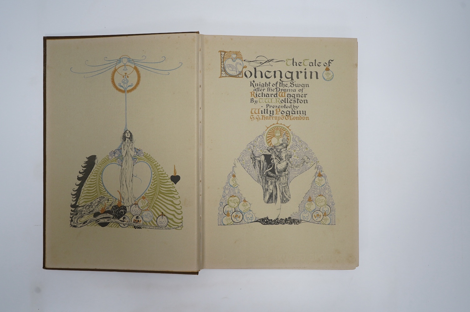 Rolleston, T.W. - The Tale of Lohengrin, Knight of the Swan after the Drama of Richard Wagner ... (illustrations) presented by Willy Pogany. 9 prelim. pages coloured pictorial / decorated (including half and title), 8 co